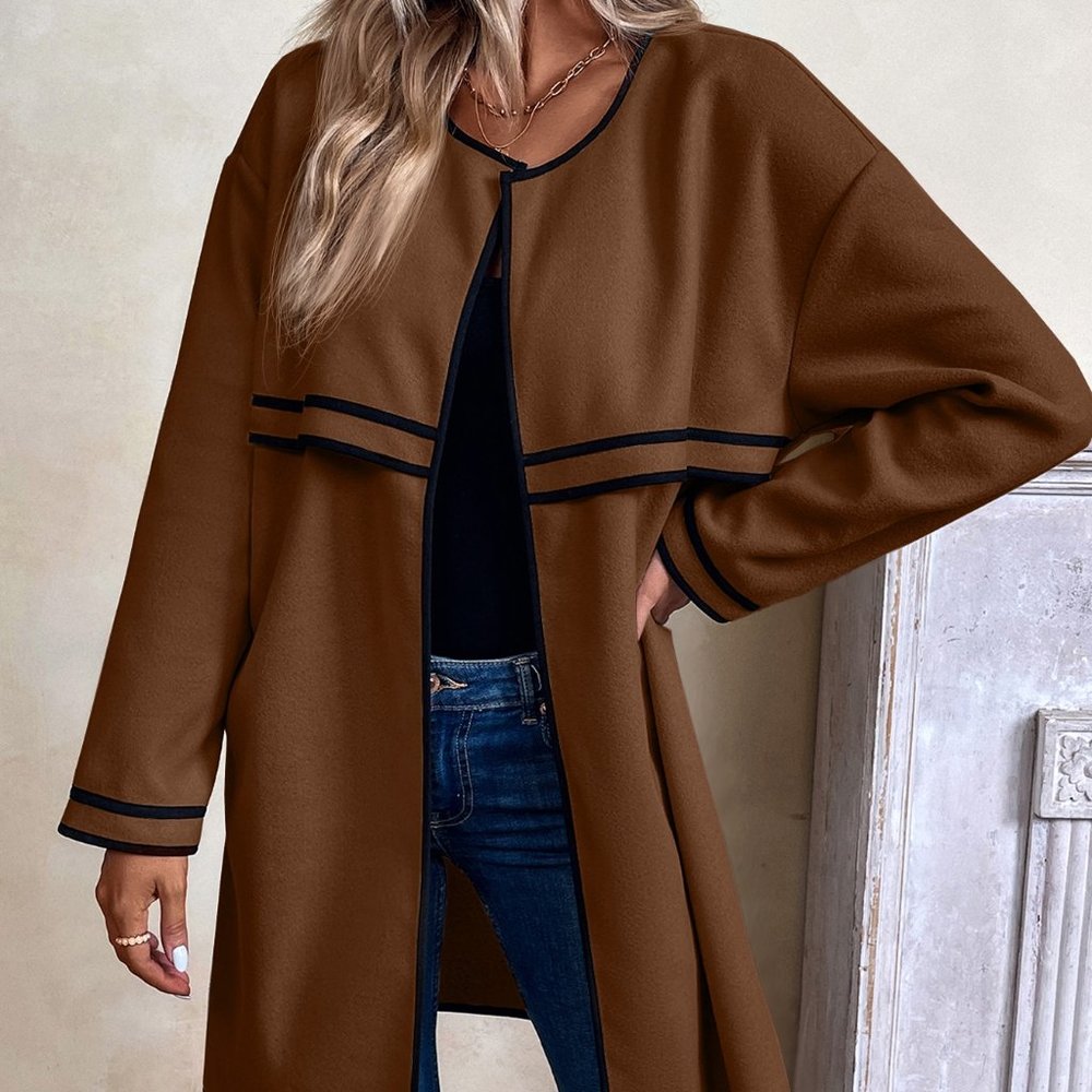 New Striped Trim Drop Shoulder Open Front Overcoat Brown